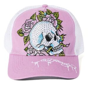Ed Hardy Skull Trucker Hat - Pink/combo Pink Skull and Roses Cap